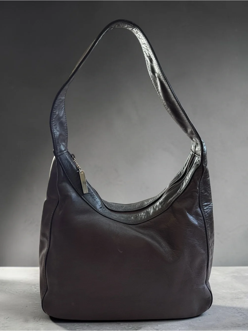 Perlina New York Brown Leather Hobo Shoulder Bag Silver Hardware Zip Pocket